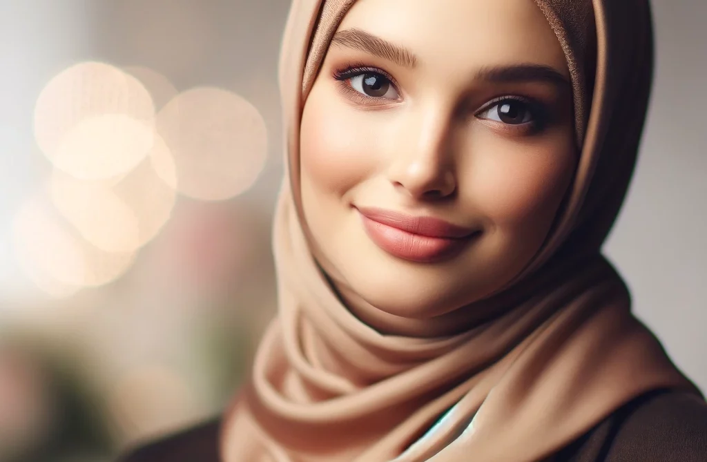 DALL·E 2025-03-15 23.00.22 - A beautiful young woman wearing a hijab, with a gentle smile and expressive eyes. The background is softly blurred, creating an elegant and serene atm